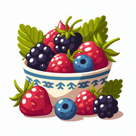 Strawberries and blueberries in a bowl. Vector illustration.のイラスト素材