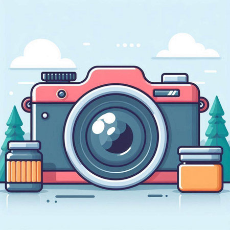 Vector illustration of a camera and camping equipment on a background of natureのイラスト素材