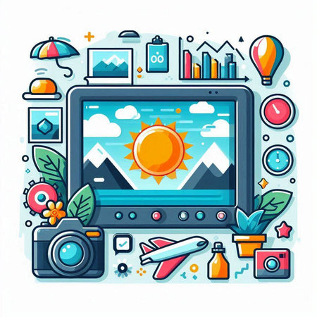 Vector illustration of modern flat design web and mobile applications icons set - sun, mountains, landscape, camera, cloud computing, social media, travel agency, travel agency.のイラスト素材