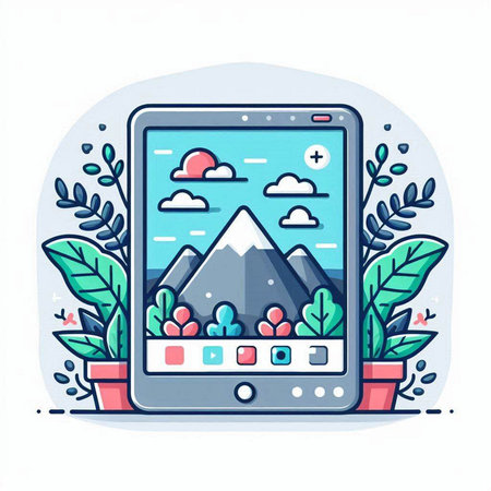 Smartphone with mountain landscape on screen. Flat style vector illustration.のイラスト素材