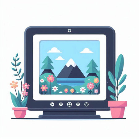 Computer screen with pictures of mountains and flowers. Flat vector illustration.のイラスト素材