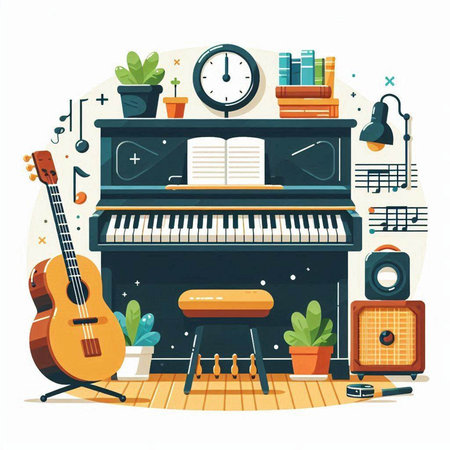 Musical instruments flat vector illustration. Piano, piano, electric guitar, acoustic guitar, headphones, note book, microphone, speaker. Music conceptのイラスト素材