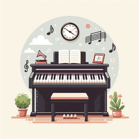 Piano and music instruments, flat vector illustration. Music education conceptのイラスト素材