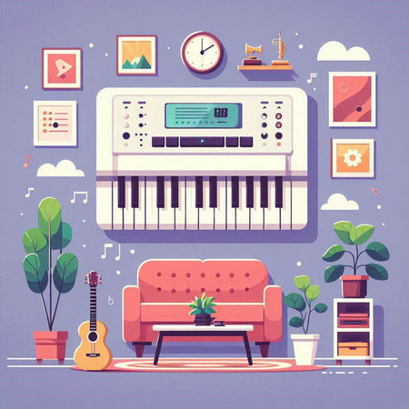 Flat design modern vector illustration concept of music and entertainment. Music room with piano, sofa, guitar, musical notes, icons and objects.のイラスト素材