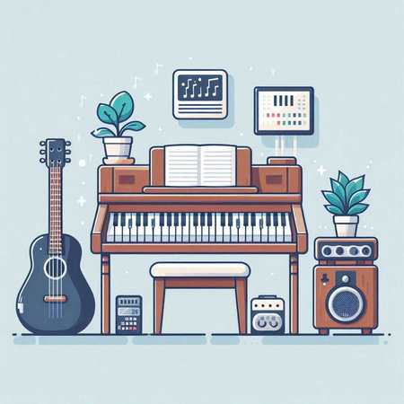 Music concept with piano, guitar, amplifier and speakers. Flat design vector illustration.のイラスト素材