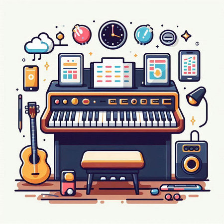 Electronic piano and musical instruments. Vector illustration in flat style.のイラスト素材