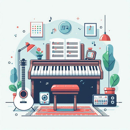 Piano and musical instruments. Flat design vector illustration. Music concept.のイラスト素材