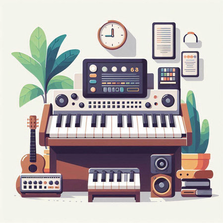 Music instruments flat design vector illustration. Piano, synthesizer, saxophone, guitar, headphones, vinyl record player.のイラスト素材