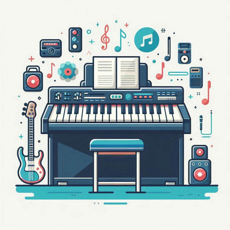 Electronic music instruments. Piano, synthesizer, saxophone, electric guitar, electric guitar. Vector illustration.のイラスト素材