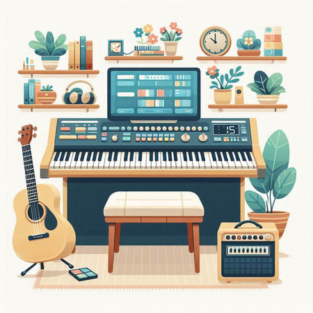 Musical instruments flat vector illustration. Piano, electric guitar, amplifier, guitar, radio, guitar, house plants.のイラスト素材