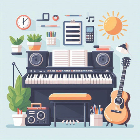 Music and entertainment concept with piano, guitar, headphones, guitar, notes. Vector illustration.のイラスト素材