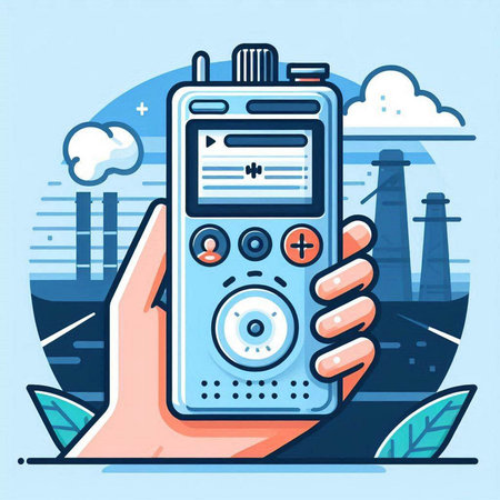 Hand holding portable radio player. Vector illustration in flat cartoon style.のイラスト素材