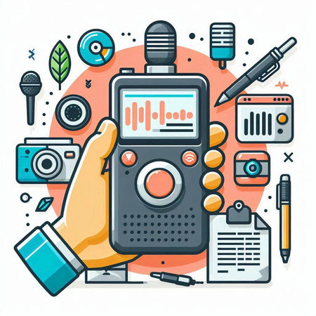 Hand holding a portable radio. Vector illustration in line art style.のイラスト素材