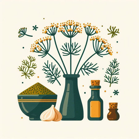 Herbs and spices in vases. Vector illustration in flat style.のイラスト素材