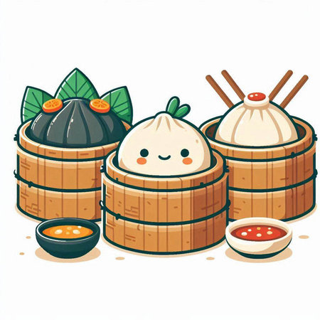 steamed dumplings in bamboo steamer, vector illustration.のイラスト素材