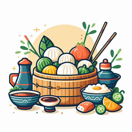 Illustration of Asian food set in bamboo basket. Vector illustration.のイラスト素材