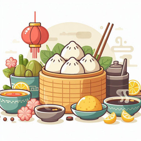 Dim sum in bamboo basket with chopsticks, soy sauce, ginger and lemon. Vector illustration.のイラスト素材