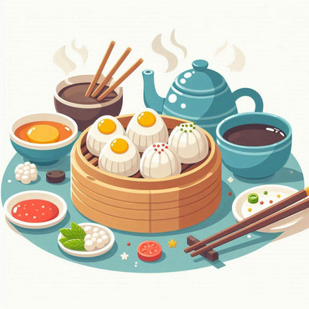 Illustration of dim sum and tea set on a white background.のイラスト素材