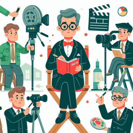 Cinema set. Filmmaker with camera, director and cameraman. Vector illustrationのイラスト素材