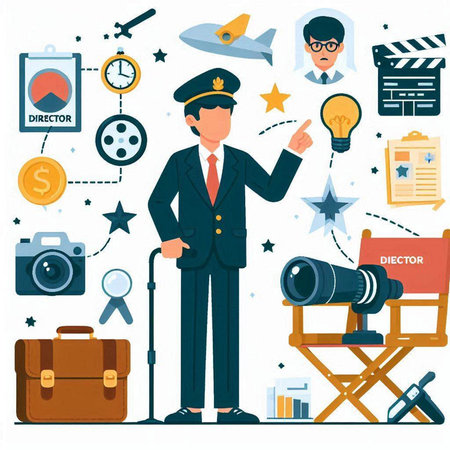 Photographer profession flat vector illustration. Cartoon character with camera, movie director, film director, cameraman, director, director, director.のイラスト素材