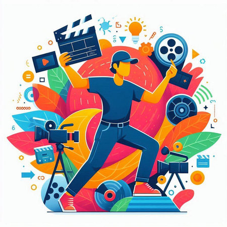 Cinema concept. Vector illustration in flat design style. Man with camera, film reel, clapperboard, video camera.のイラスト素材