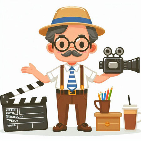 Cute cartoon detective with a movie clapperboard. Vector illustration.のイラスト素材