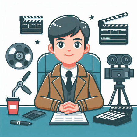 Cinema director in the workplace. Vector illustration in cartoon style.のイラスト素材