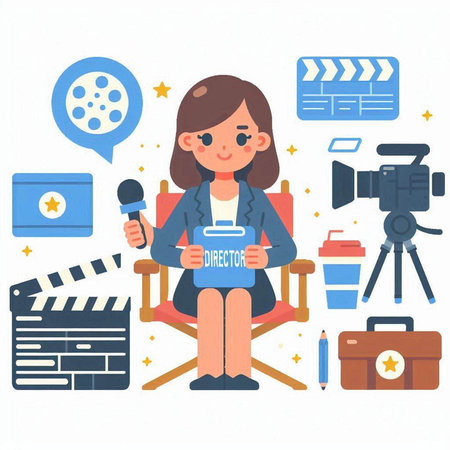Cinema concept. Flat style vector illustration. Woman sitting in cinema chair, holding a movie clapper board.のイラスト素材