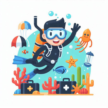 Cute cartoon scuba diver diving in the sea. Vector illustrationのイラスト素材