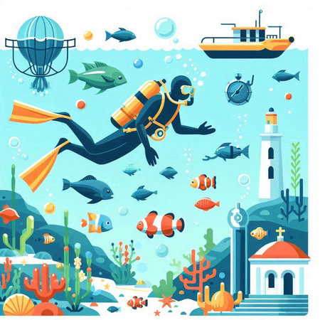 Scuba diving and sea life. Vector illustration of underwater world.のイラスト素材