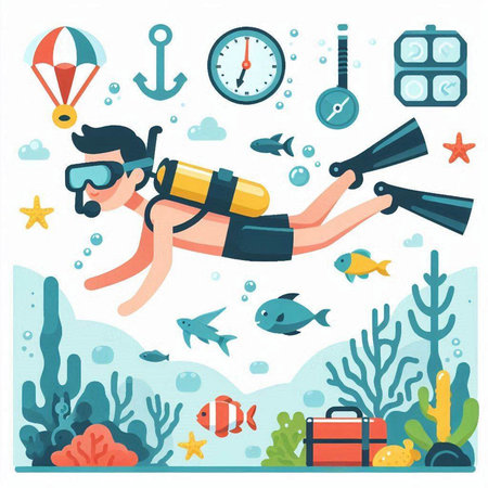 Scuba diving. Flat design vector illustration. Underwater life.のイラスト素材