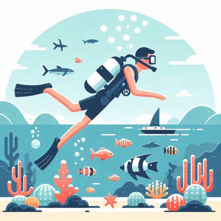 Scuba diving. Vector illustration of a diver swimming in the sea.のイラスト素材