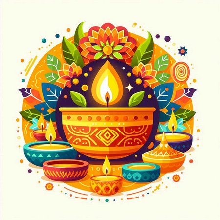 Indian festival Diwali greeting card with colorful diya. Vector illustrationのイラスト素材