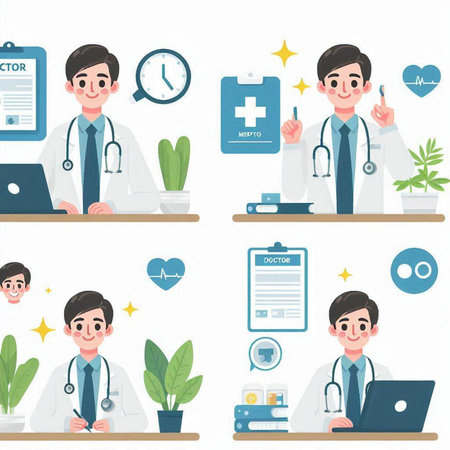 Doctor character vector illustration. Flat design. Set of medical icons.のイラスト素材