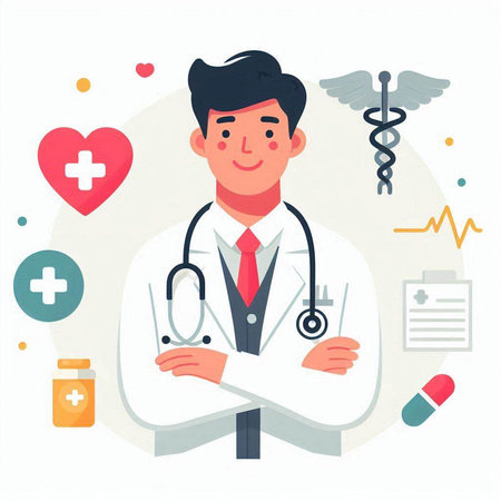 Doctor with stethoscope and medical symbols. Vector illustration in flat styleのイラスト素材