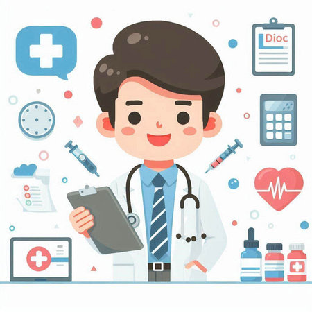Doctor with a stethoscope and a clipboard. Vector illustration.のイラスト素材