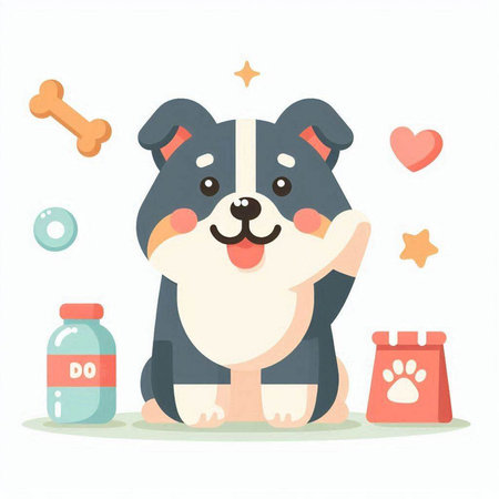 Cute cartoon dog with bone, medicine and food. Vector illustration.のイラスト素材