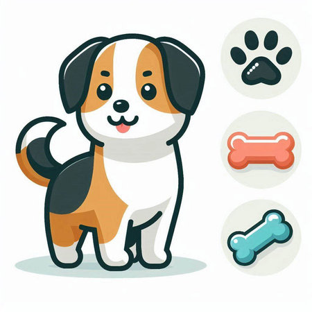 Cute cartoon dog with paw and bone icons. Vector illustration.のイラスト素材