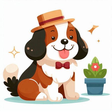 Cute cartoon dog in hat and bow tie. Vector illustration.のイラスト素材