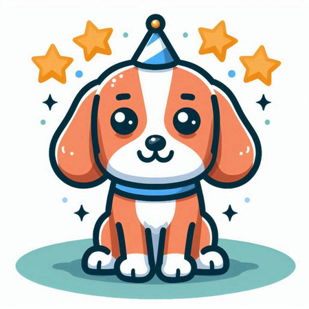 Cute cartoon dog with party hat. Vector illustration on white background.のイラスト素材