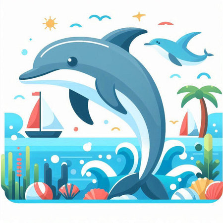 Vector illustration of dolphin in the sea. Dolphin on the seashore.のイラスト素材