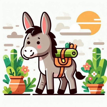 Donkey with a backpack. Vector illustration of a flat design.のイラスト素材