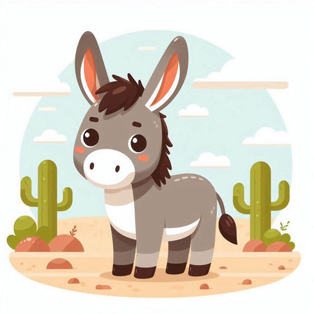 Donkey in the desert. Cute cartoon character. Vector illustrationのイラスト素材