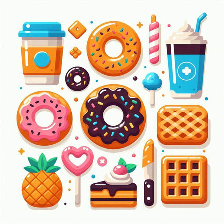 Coffee and sweets. Donuts, waffles, ice cream, donuts, cookies. Vector illustrationのイラスト素材