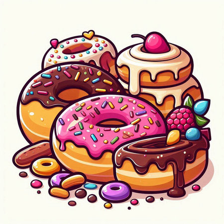 Set of donuts with sprinkles and berries, vector illustration.のイラスト素材