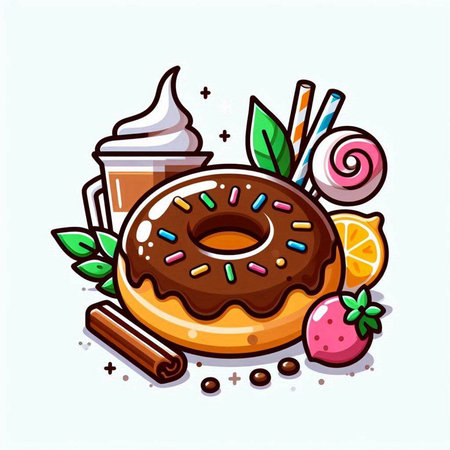 Donut with chocolate, ice cream, cinnamon and mint. Vector illustration.のイラスト素材