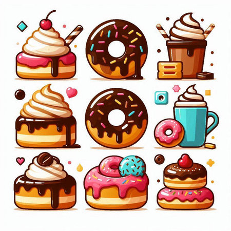 Cartoon donuts icon set. Vector illustration of sweet food.のイラスト素材