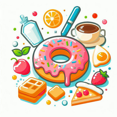 Cup of coffee, donut and other food items. Vector illustration.のイラスト素材