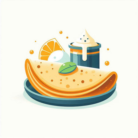 Pancakes with sour cream, orange and mint. Vector illustration.のイラスト素材