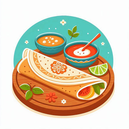Crepes with sauce and lime on wooden board. Vector illustration.のイラスト素材